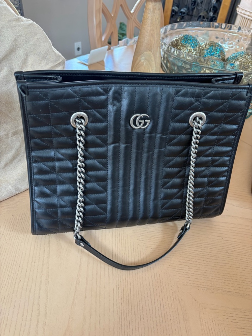 Gucci Black Quilted Leather Chain Shoulder Bag with Silver Hardware